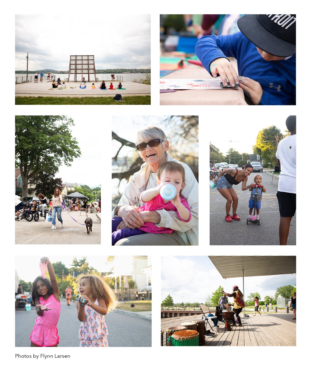A montage of Beacon Community Collective events — neighbors gathering, kids playing, and music on the waterfront.