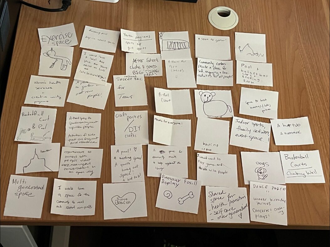 Dozens of handwritten sticky notes on a wooden table with ideas for a community center, such as exercise space, basketball courts and a climbing wall